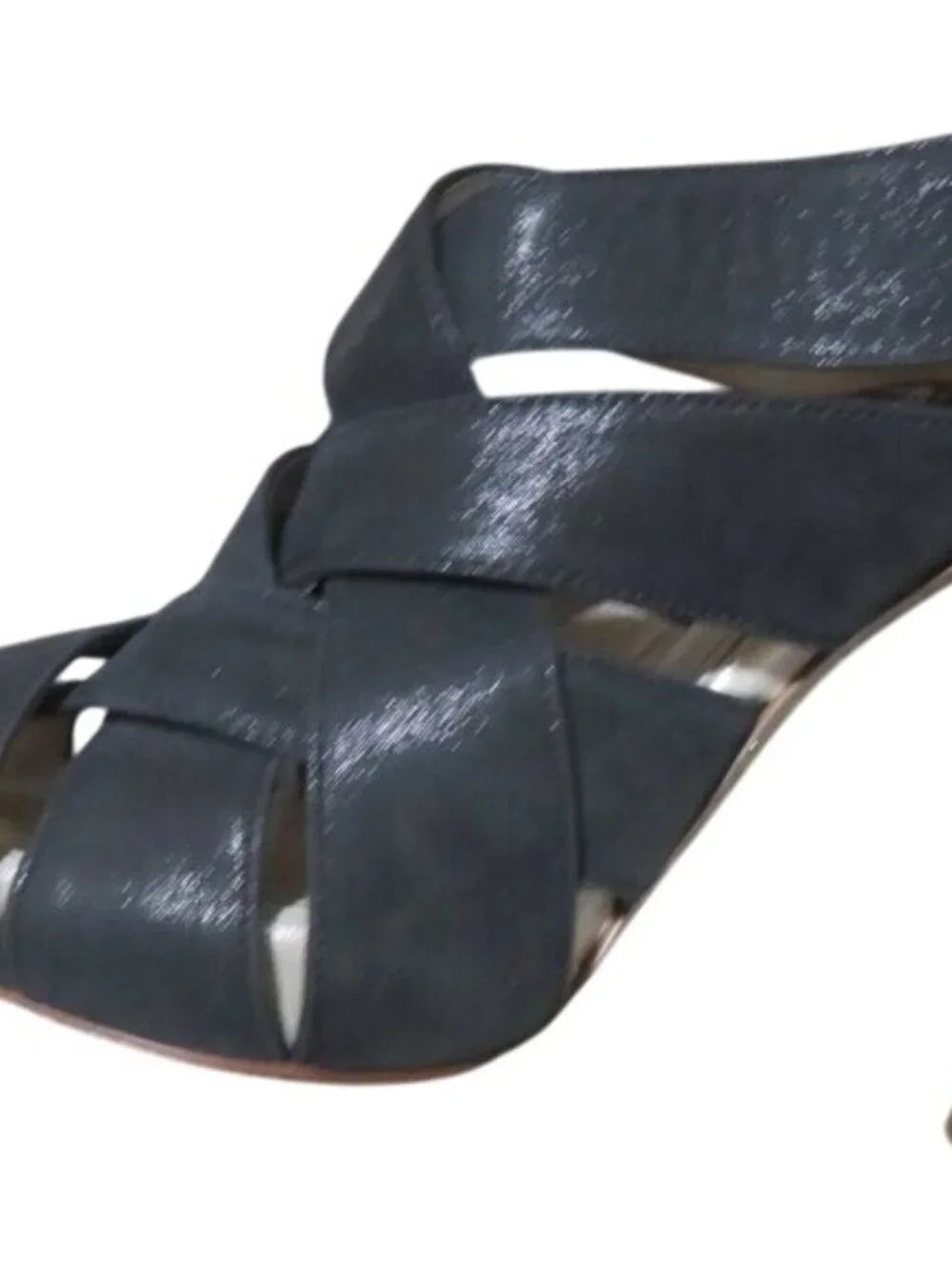 Rene Caovilla  Stunning Black Gold Shimmer Italian Leather luxury peep toe heels